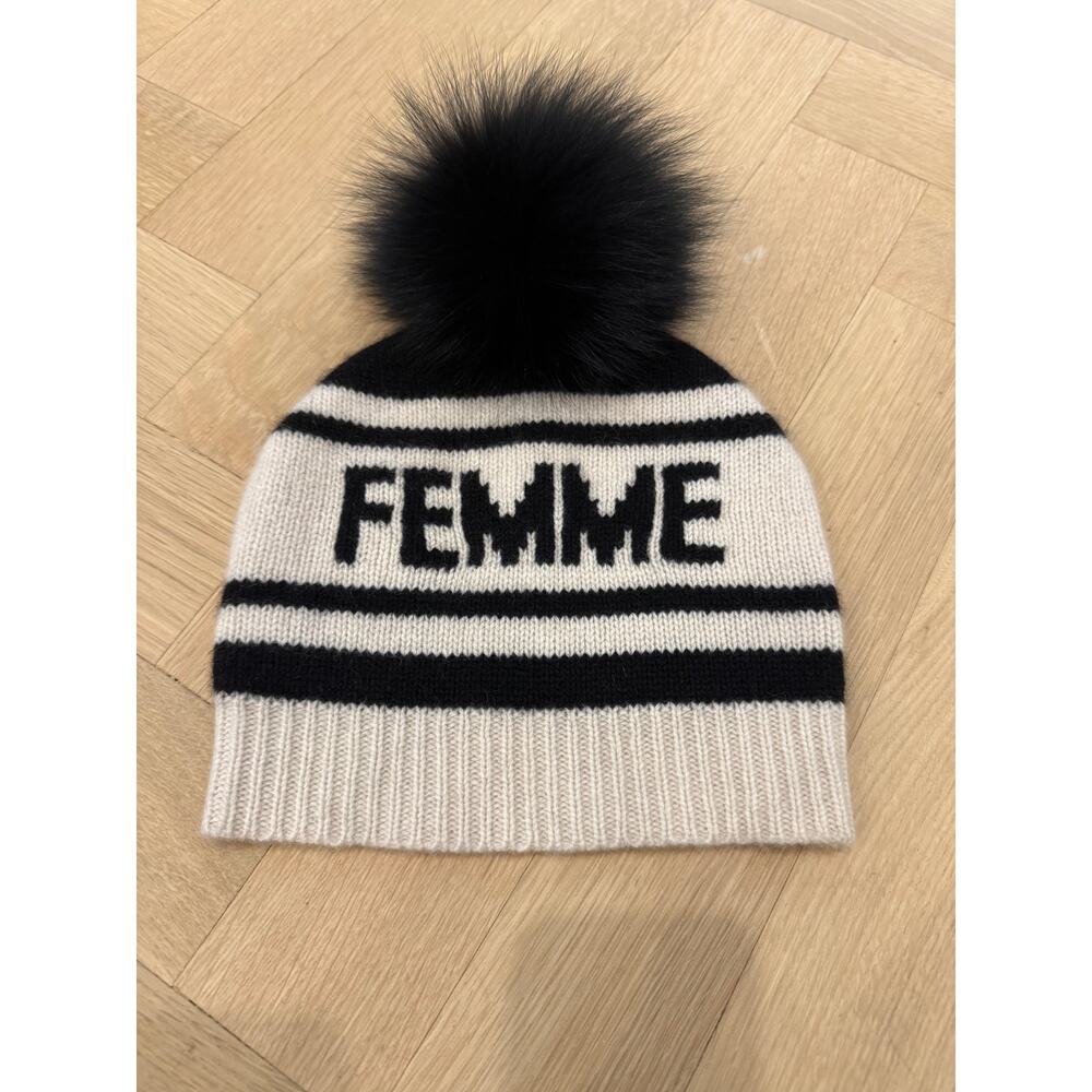360 Etc.	FEMME Beige and Black Beanie with  Fur PomPom